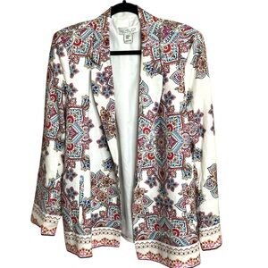Rachel Zoe Linen Blazer in White with Colorful Design Size XL
